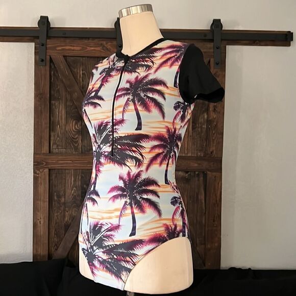 Tropical Palm Tree Prints One Piece Swimsuit Zipper Front Swimwear Small - Picture 6 of 15